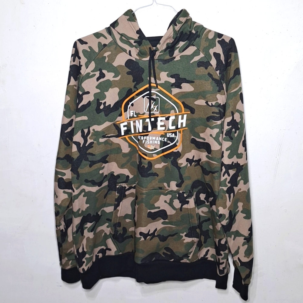 Fintech Mens Green Camo Performance Fishing Hoodie Sweatshirt Sweater Size 2XL